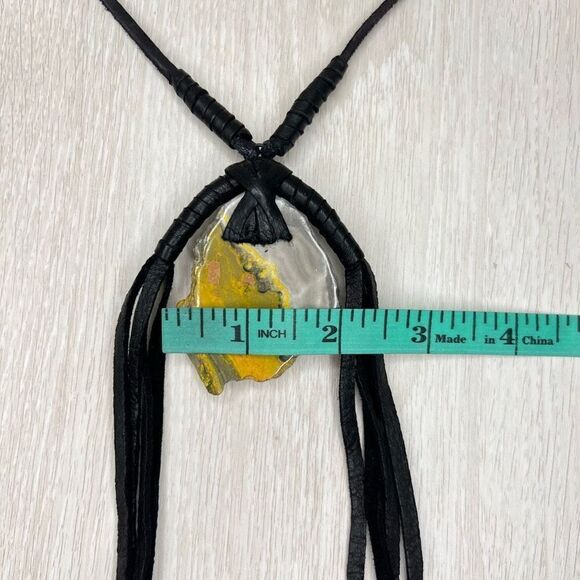 Bumblebee Jasper And Leather Necklace Rough Cut Pendant 14” Chain Drop Large - Picture 9 of 12